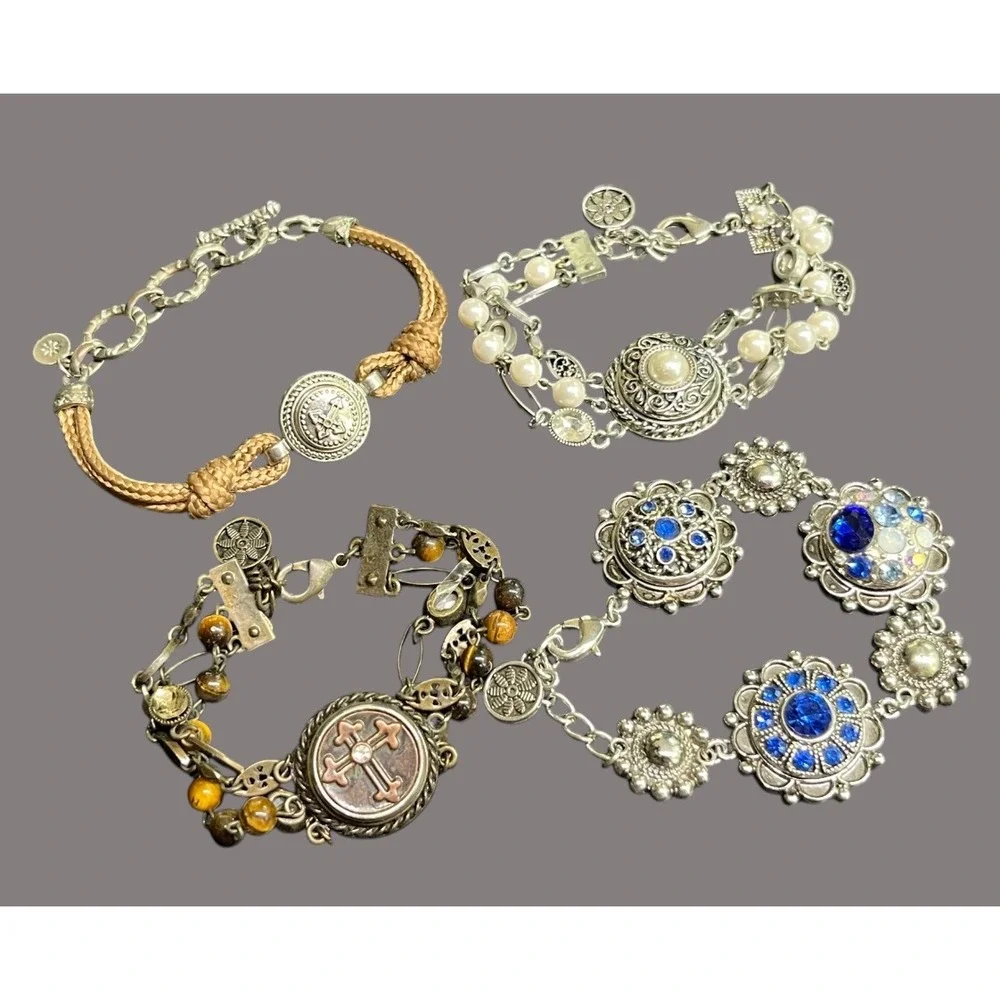 LOT OF 4, Ginger Snaps Bracelets SNAP CHARMS Silver Bronze Blue Brown Pearls